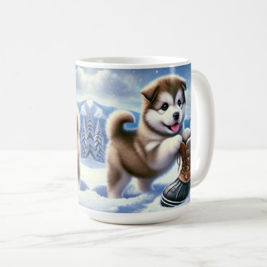 Niedliches Husky Puppy Playing in Snowy Winter Lan Kaffeetasse (VorderseiteRechts)