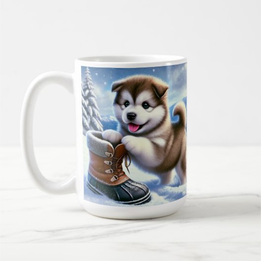 Niedliches Husky Puppy Playing in Snowy Winter Lan Kaffeetasse (Links)