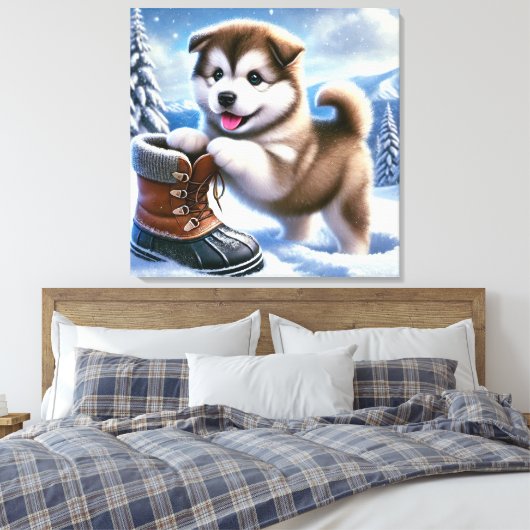 Niedliches Husky Puppy Playing in Snowy Winter Lan Leinwanddruck (Insitu (Schlafzimmer))