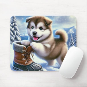 Niedliches Husky Puppy Playing in Snowy Winter Lan Mousepad