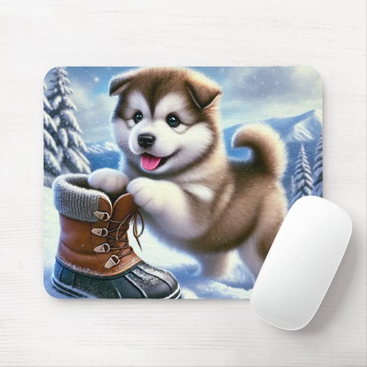 Niedliches Husky Puppy Playing in Snowy Winter Lan Mousepad (Mit Mouse)