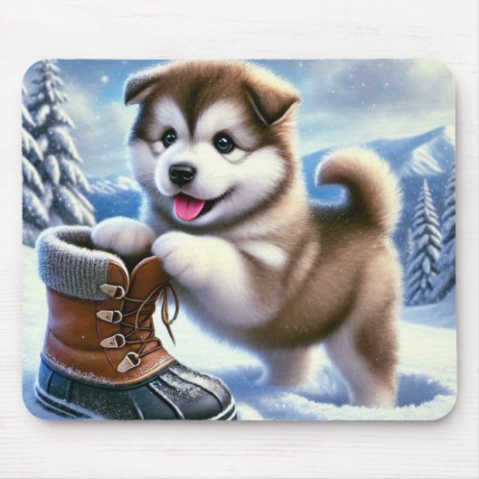 Niedliches Husky Puppy Playing in Snowy Winter Lan Mousepad (Vorne)