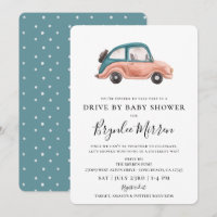Niedliches Illustriertes Retro-Auto mit Babydusche