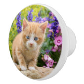 Niedliches Ingwer-Katzen-Kätzchen in den Blumen - Keramikknauf (Rechts)