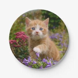 Niedliches Ingwerkätzchen in einem Garten Pappteller