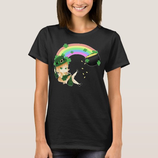 Niedliches irisches chibi Koboldmädchen mit Topf T-Shirt (Vorderseite)