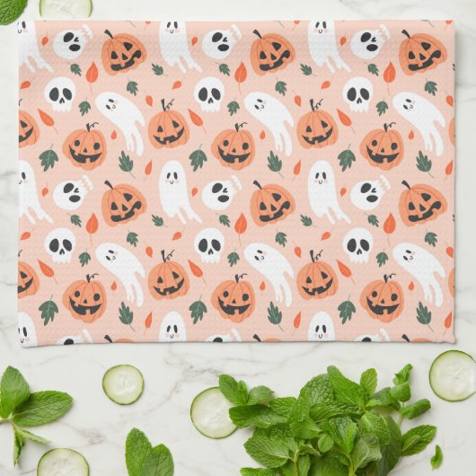 Niedliches Jack-O-Lantern- und Ghost-Muster Geschirrtuch (Gefaltet)