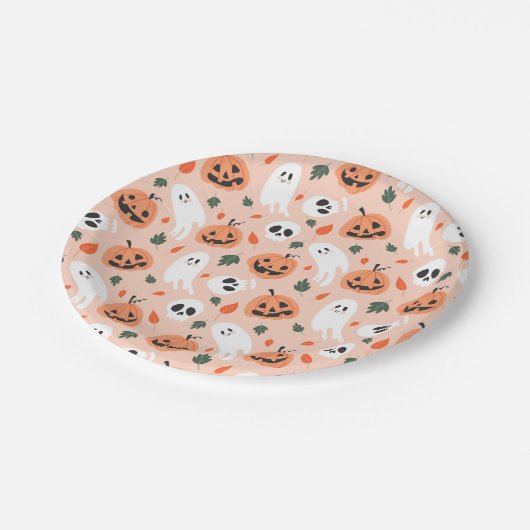 Niedliches Jack-O-Lantern- und Ghost-Muster Pappteller (Schrägansicht)