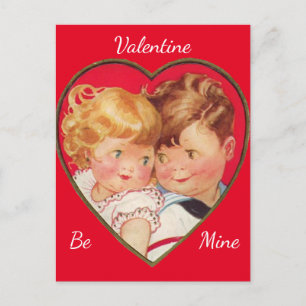 Niedliches Junge und Mädchen Herz Vintag Valentine Postkarte