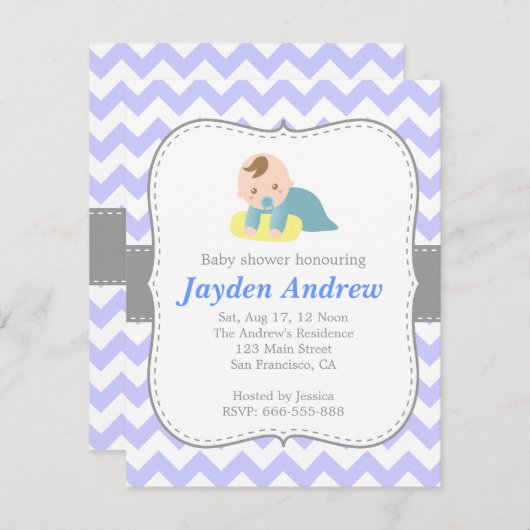 Niedliches Jungen-Baby-Duschen-, Blaues und Einladung (Vorne/Hinten)