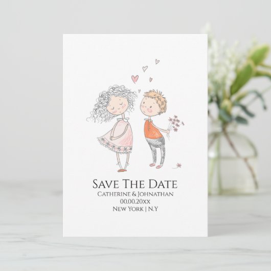 Niedliches Jungenmädchen zeichne in Liebe Spaß läs Save The Date (Stehend Vorderseite)