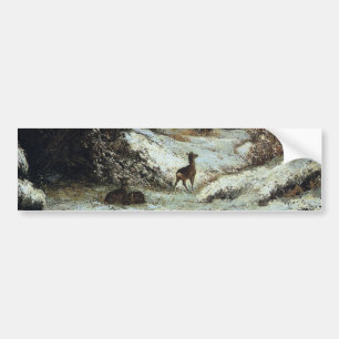 Niedliches Junghirsch, das im Wintersturm Schutz n Autoaufkleber