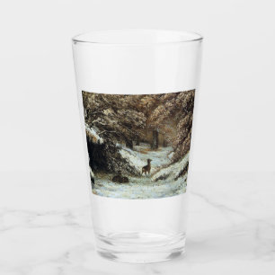 Niedliches Junghirsch, das im Wintersturm Schutz n Glas