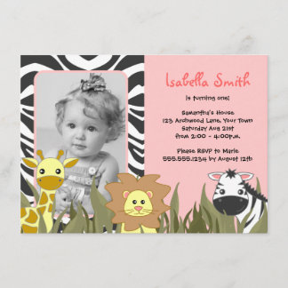 Niedliches Jungle Animal Pink Foto Geburtstag Einladung