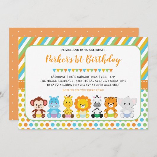 Niedliches Jungle Baby Animals Safari 1. Geburtsta Einladung (Vorne/Hinten)