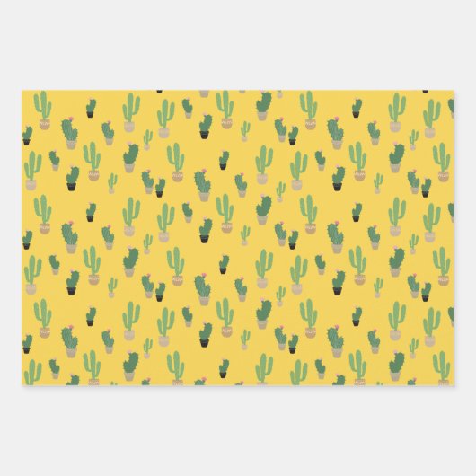 Niedliches Kaktus Gelbes blaues Muster Wrapping Geschenkpapier Set (Vorderseite)