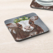 Niedliches Kalb mit Blumenkrone Getränkeuntersetzer (Linke Seite)