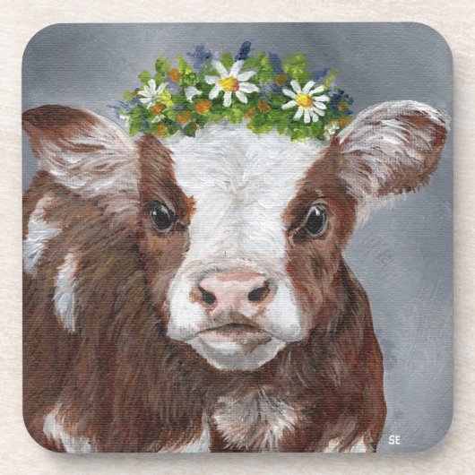 Niedliches Kalb mit Blumenkrone Getränkeuntersetzer (Vorderseite)