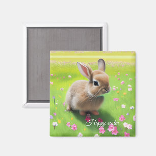 Niedliches Kaninchen auf einer Blume-Wiese Magnet
