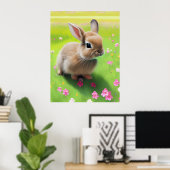 Niedliches Kaninchen auf einer Blume-Wiese Poster (Heimbüro)