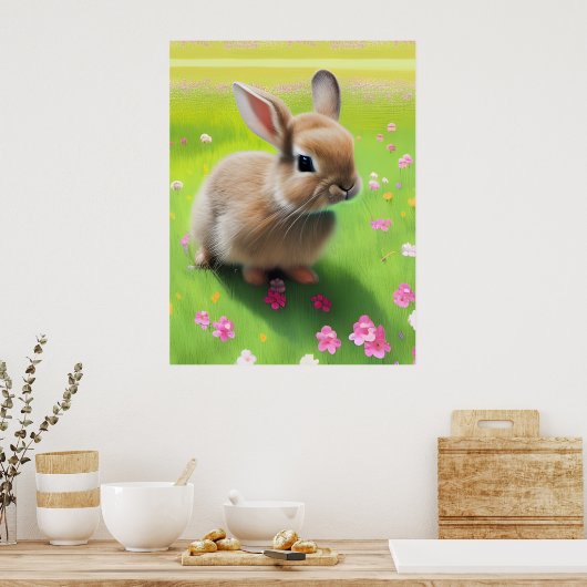 Niedliches Kaninchen auf einer Blume-Wiese Poster (Küche)