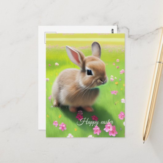 Niedliches Kaninchen auf einer Blume-Wiese Postkarte (Vorderseite/Rückseite Beispiel)