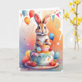 Niedliches Kaninchen auf Kuchen feiern! | Karte (Gelbe Blume)
