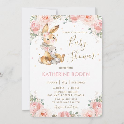 Niedliches Kaninchen Blush Pink Blues Bloral Baby  Einladung (Vorderseite)