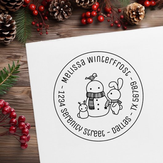 Niedliches Kaninchen Carrot zur Snowman Round Addr Gummistempel