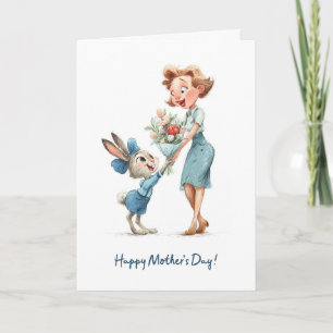 Niedliches Kaninchen gibt Mama Blumen Alles Gute z Karte