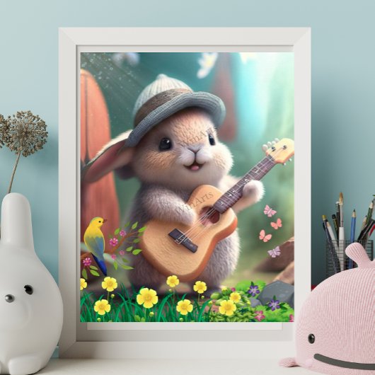 Niedliches Kaninchen Gitarre spielen im Garten der Poster