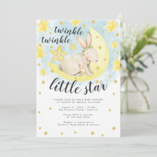 Niedliches Kaninchen Gold Twinkle Little Star Baby Einladung (Stehend Vorderseite)