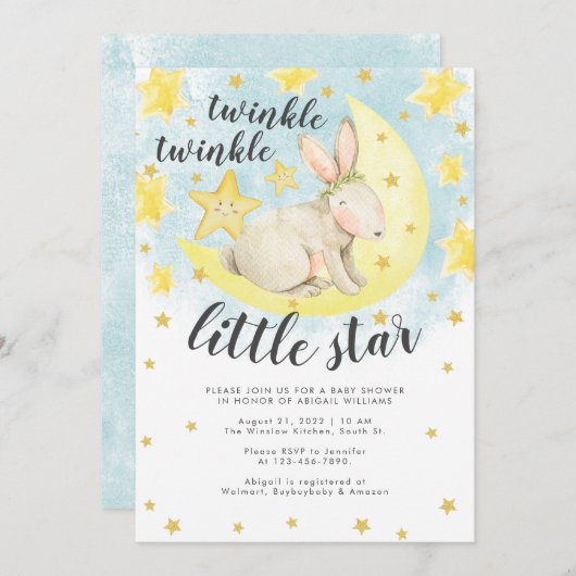 Niedliches Kaninchen Gold Twinkle Little Star Baby Einladung (Vorne/Hinten)