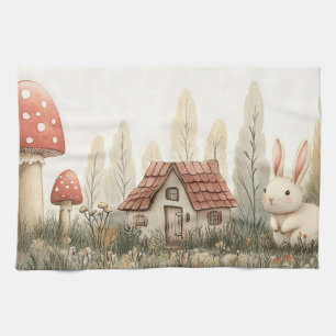 Niedliches Kaninchen, Hütte, Pilze Märchen Kunst Geschirrtuch