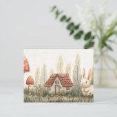 Niedliches Kaninchen, Hütte, Pilze Märchen Kunst Postkarte (Stehend Vorderseite)