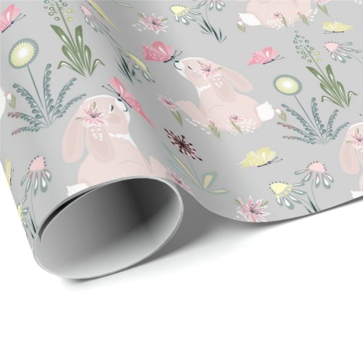 niedliches Kaninchen mit Blume und Schmetterlingen Geschenkpapier (Rolleneckpunkt)