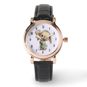 Niedliches Kaninchen mit einer Tulpe Armbanduhr