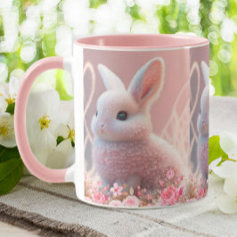 Niedliches Kaninchen Rosa Blumenzauber Hintergrund Tasse