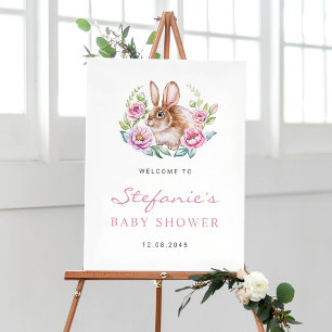 Niedliches Kaninchen und rosa Blume Kinderdusche Poster