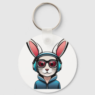 niedliches Kaninchenbunny mit Kopfhörern und Sonne Schlüsselanhänger