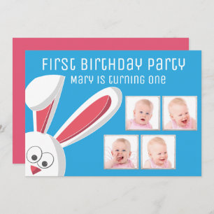 Niedliches Kaninchenfoto Collage 1. Geburtstag Par Einladung