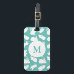 Niedliches Kaninchenmuster auf Aquamarinem Monogra Gepäckanhänger<br><div class="desc">Adorable Weiß-Hasen-Muster auf aquamarin (Sie können die Hintergrundfarbe anpassen)</div>