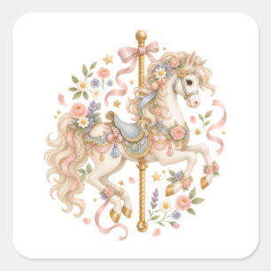 Niedliches Karussellpferd Vintage-Kunst  Quadratischer Aufkleber