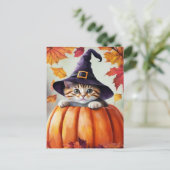 Niedliches Kätzchen in Kürbiskröte mit Lila Hexenh Postkarte (Stehend Vorderseite)