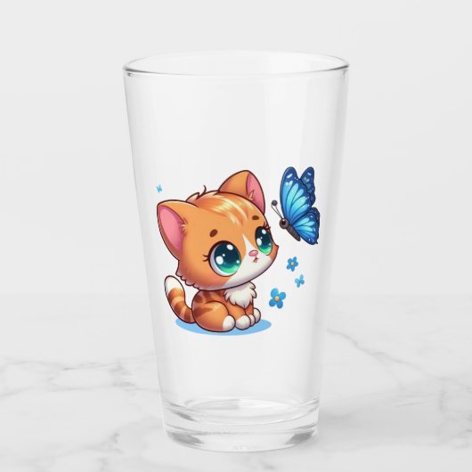 Niedliches Kätzchen/Katze/Schmetterling Glas (Vorderseite)