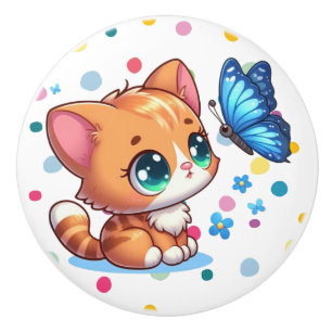 Niedliches Kätzchen/Katze/Schmetterling Keramikknauf