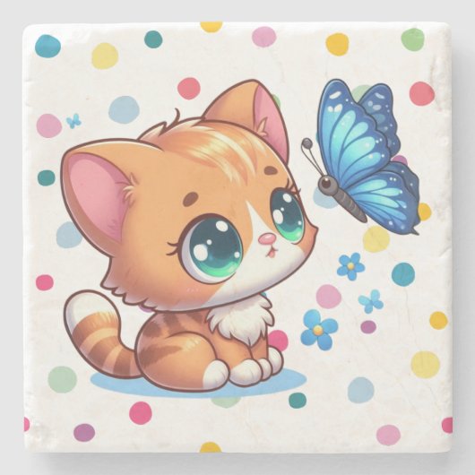 Niedliches Kätzchen/Katze/Schmetterling Steinuntersetzer (Vorderseite)