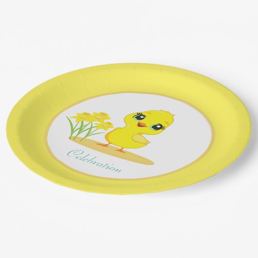 Niedliches Kätzchen mit Blume auf Gelb und Weißbuc Pappteller (Schrägansicht)