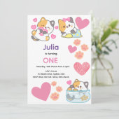 Niedliches Kätzchen mit Herzchen Geburtstag Einladung (Stehend Vorderseite)