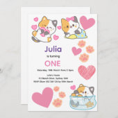 Niedliches Kätzchen mit Herzchen Geburtstag Einladung (Vorne/Hinten)